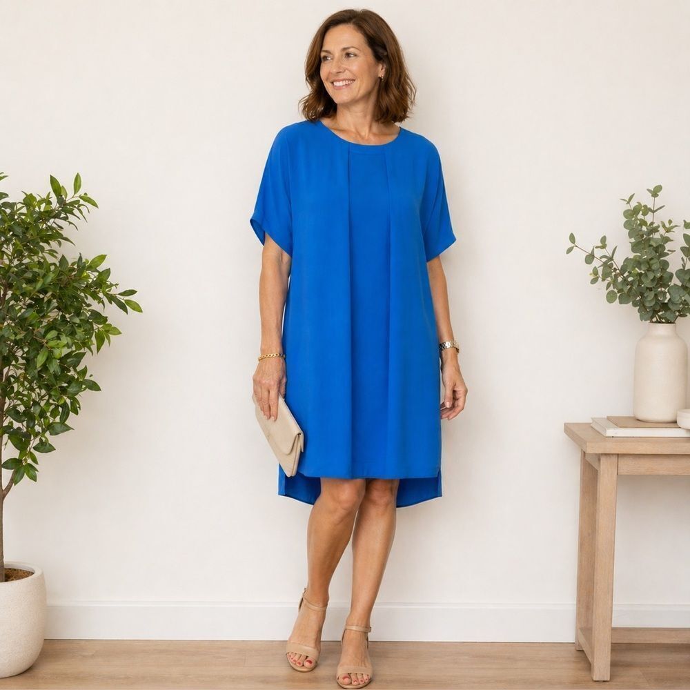 HALSTON Blue Shift Dress | Pleated Front | Size M | Elegant & Easy